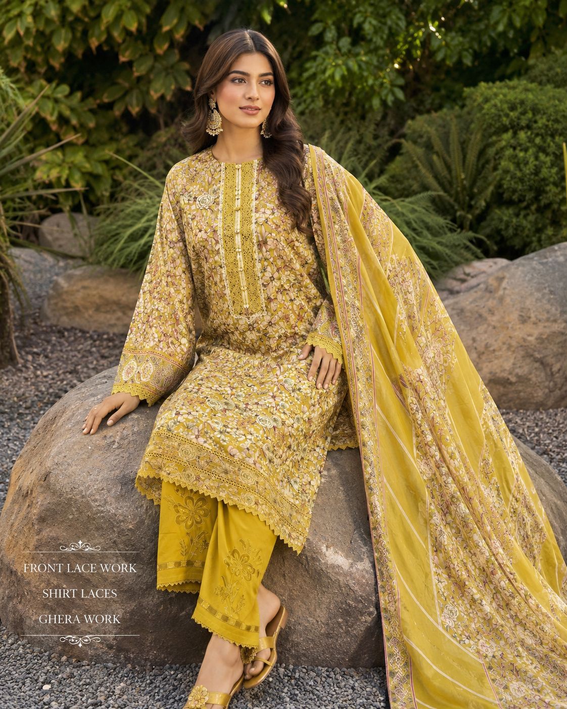 Mustard Yellow Printed 3 Piece Suit