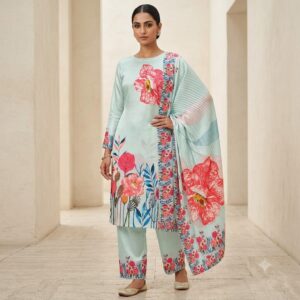Pastel Blue Floral Printed 3-Piece Suit with Pleated Dupatta