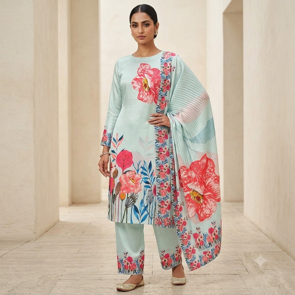 Pastel Blue Floral Printed 3-Piece Suit with Pleated Dupatta