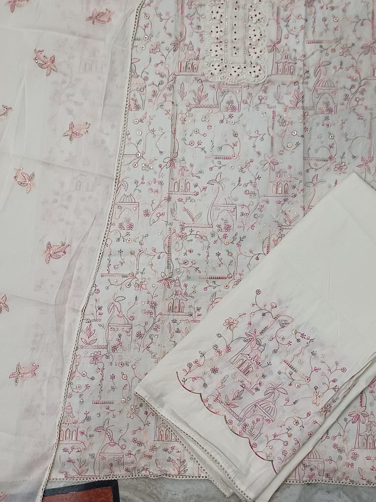 Premium Embroidered 3-Piece Lawn Suit – Pastel Floral & Mughal Print