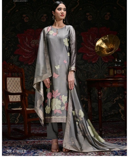 Elegant Grey Floral Embroidered 3-Piece Suit with Printed Dupatta